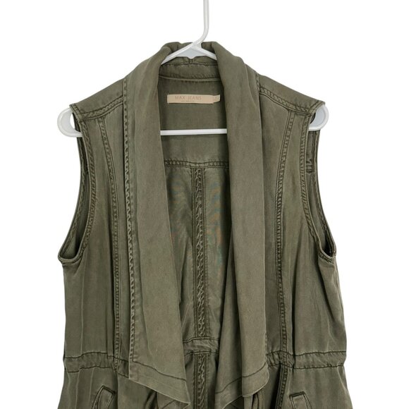 Max Jeans Olive Green Sleeveless Vest Waterfall Collar Adjustable Waist Womens M - Picture 12 of 12